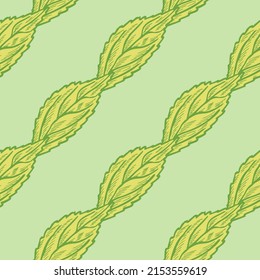 Seamless pattern engraved tree leaves. Vintage background botanical with foliage in hand drawn style. Repeated color design texture for print, fabric, wrapping, wallpaper, tissue. Vector illustration.