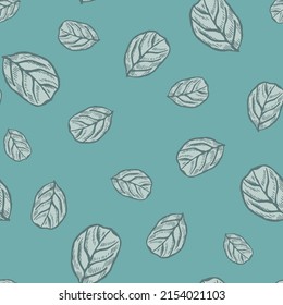 Hojas de árbol grabadas con un patrón sin foco. Fondo botánico vintage con follaje en estilo dibujado a mano. Textura de diseño de color repetida vectorial para impresión, tela, envoltura, papel pintado, tejido.