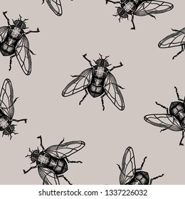 Seamless pattern. Engraving fly. Housefly. Hand drawn illustration. Black ink. Great for tattoos, t-shirt printing, for Halloween and more.