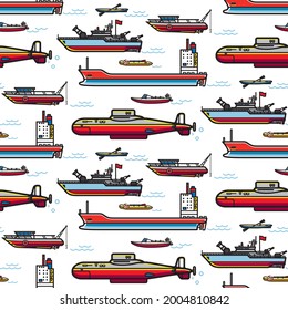 Seamless pattern of enjoy traveling by different types of boats, water transportation, blue waves ,water traffic, Boundless travel and adventure Concept. Illustration, Pattern, Vector Art.
