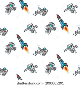 Seamless Pattern of Enjoy Traveling in Outer Space of the Universe by the Rocket with Astronauts, Boundless Adventure Concept. Illustration, Pattern, Art, Line, Drawing, Vector isolated on background.