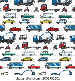 Seamless pattern of enjoy traveling, water, land and air traffic, pollution with variety of transport. Boundless travel and adventure Concept. Illustration, Pattern, Vector isolated on background.