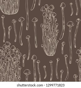 Seamless pattern with enokitake: flammulina velutipes mushroom. Mushroom. Vector hand drawn illustration