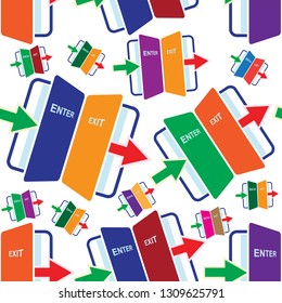 Seamless pattern. Entry and exit indicator, exit strategy. Entrance and exit door symbol. Open day