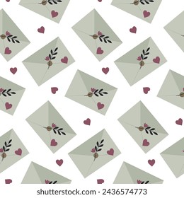 Seamless pattern with envelope with flowers and hearts. Love message, confession of feelings, background