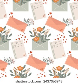 Seamless pattern with envelope with flowers and hearts. Love message, confession of feelings, background