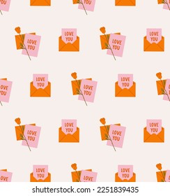 The seamless pattern of the envelope with a love letter and rose. Concept of valentine's day, romance, love, love letter. 