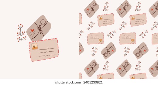 seamless pattern with envelope - love letters in flat style. Vector illustration can use for wrapping paper, wallpapers, greeting cards. Envelope with postage stamp.