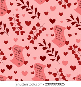 Seamless pattern with envelope and message with heart shape, lipstick kisses and phrase I sent you my love. Flat vector illustration for Valentine's day, wedding