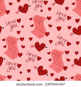 Seamless pattern with envelope and message with heart shape, lipstick kisses and phrase I sent you my love. Flat vector illustration for Valentine's day, wedding