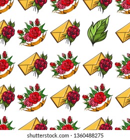 Seamless pattern with envelope and roses for Valentine's day. Can be used for wrapping paper, wallpaper, printing on fabrics and much more.