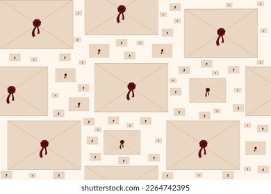 Seamless pattern with envelope with wax seal. Retro website banner for post office Old mail with viva magenta stamp, ribbon and monogram. Endless background for copyright and writer's day concept.