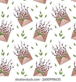 Seamless Pattern with an Envelope and Willow Branches with Leaves. Easter Texture with Nature Elements. Spring Background for Fabric, Wallpaper, Wrapping Paper, etc