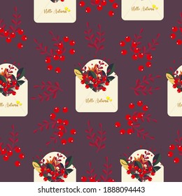 Seamless pattern with envelopes and autumn berries, autumn leaves and red berries, hello autumn, vector illustration in flat style.