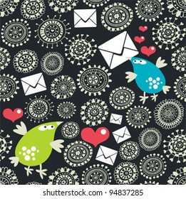 Seamless pattern with envelopes, birds and hearts. Vector illustration.