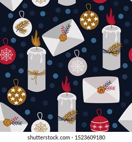 seamless pattern with envelopes, candles and christmas balls - vector illustration, eps