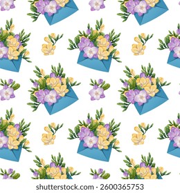 Seamless Pattern with Envelopes Filled with Freesia. Delicate Floral Texture with Spring Flowers. Perfect for Fabric, Wallpaper, Wrapping Paper, and Scrapbooking. Ideal for Spring-themed Designs