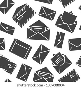 Seamless pattern with envelopes flat glyph icons. Mail background, message, open envelope with letter, email vector illustrations. Black white signs for mailing list, post office.