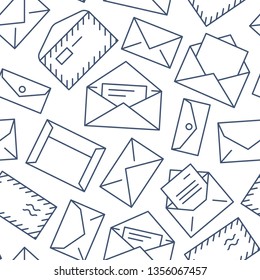 Seamless pattern with envelopes flat line icons. Mail background, message, open envelope with letter, email vector illustrations. Black white thin signs for mailing list, post office.