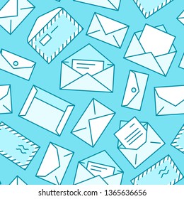 Seamless pattern with envelopes flat line icons. Mail background, message, open envelope with letter, email vector illustrations. Blue white thin signs for mailing list, post office.