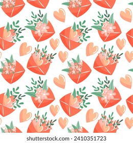 Seamless pattern, envelopes with flowers and hearts, gift icons. Print, congratulatory background, vector