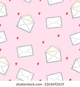 Patrón sin problemas con sobres y corazón. Dibujo conceptual de correo y correo. Ilustración vectorial aislada. Fondo rosa