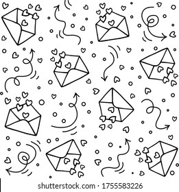 Seamless pattern with envelopes, hearts, arrows and dots. Love message. Hand drawn vector illustration in a doodle style. Valentine's Day mail. Black outlines isolated on a white background.