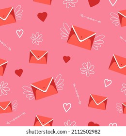 Seamless pattern with envelopes, hearts, arrows and daisies. Pattern for wrapping paper with an envelope flying on wings on a pink background.