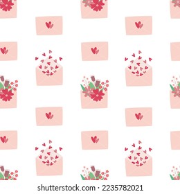Seamless pattern of envelopes with hearts and flowers on white background. Hand drawn doodle style 