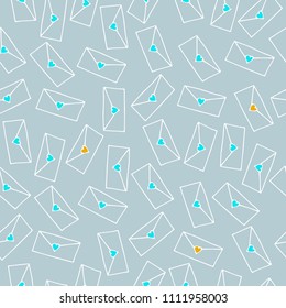 Seamless pattern with envelopes and hearts on blue background. Modern design for fabric and paper, web page background, surface textures.