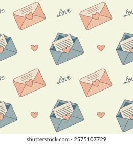 Seamless pattern with envelopes, hearts, and “love” text. Perfect for Valentine’s Day, romantic designs, gift wrapping, and stationery. Suitable for digital and print projects.