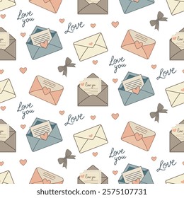 Seamless pattern with envelopes, hearts, and “love” text. Perfect for Valentine’s Day, romantic designs, gift wrapping, and stationery. Suitable for digital and print projects.