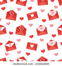 Seamless pattern with envelopes, letters and hearts. Vector texture illustration for valentine's day and other holidays for postcard, textile, decor, paper, texture, wrapping.
