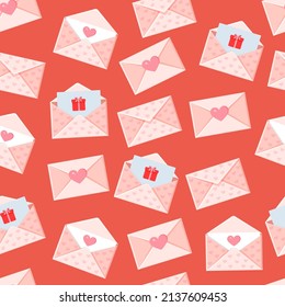 Seamless pattern with envelopes, letters and hearts. Vector texture illustration for valentine's day and other holidays for postcard, textile, decor, paper, texture, wrapping.