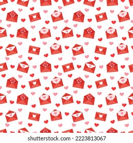 Seamless pattern with envelopes, letters and hearts. Vector texture illustration for valentine's day and other holidays for postcard, textile, decor, paper, texture, wrapping.