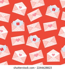 Seamless pattern with envelopes, letters and hearts. Vector texture illustration for valentine's day and other holidays for postcard, textile, decor, paper, texture, wrapping.