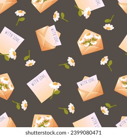 Seamless pattern of envelopes with letters of love, with daisies. Repeating background with mailing envelopes. Vector illustration on a dark background for valentine's day, wedding, day of love