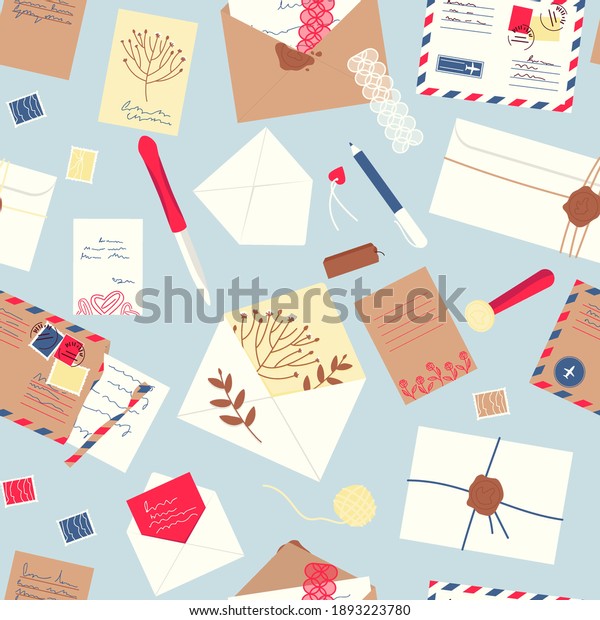 Seamless pattern\
envelopes, letters, postcards, postage stamps. Letters with love\
letters, dried plants, sealed with a wax seal, came from far away.\
Flat vector\
illustration.