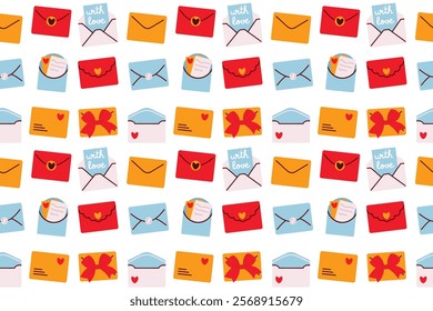 Seamless pattern with envelopes and letters. Valentines day lettering. Vector illustration.