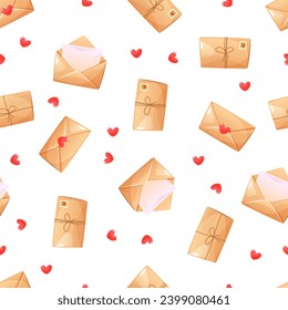 Seamless pattern of envelopes with love letters and hearts. A closed envelope, an open envelope with a letter, an envelope tied with twine. Vector illustration for Valentine's day, love day, wedding