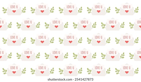 Seamless Pattern of Envelopes with Love Message and Greenery