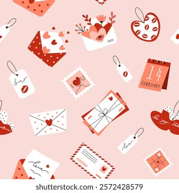 Seamless pattern with envelopes, mail post letters, postage stamp, tags, postcards. Valentine's Day. Love, romance, relationships. Vector illustration