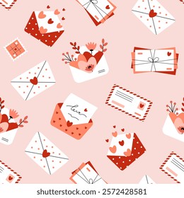 Seamless pattern with envelopes, mail post letters. Valentine's Day. Love, romance, relationships. Vector illustration