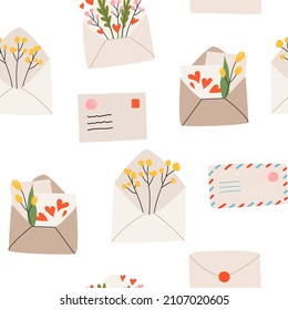 Seamless pattern with envelopes, mail, postmarks, postcards and spring flowers vector illustration. Craft paper letters, stationery, sealing wax and handmade cards isolated. Valentine's day