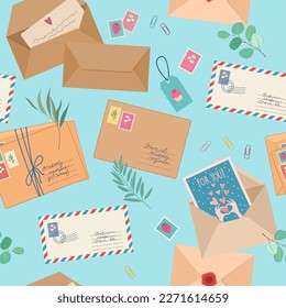 Seamless pattern with envelopes, post cards, post stamps and green leaves