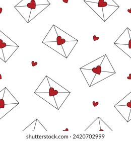 Seamless pattern with envelopes and red hearts for Valentine's Day. Love Letter on a white background. Flat style vector image.