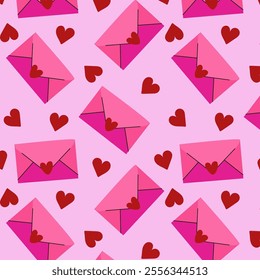 Seamless pattern with envelopes and red hearts for Valentine's Day.