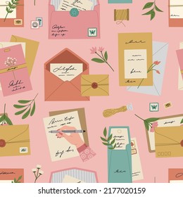 Seamless pattern of envelopes with seals and stamps, romantic postcards and letters. Various stationery and flowers. Hand drawn vector illustration isolated on pink background. Flat cartoon style.
