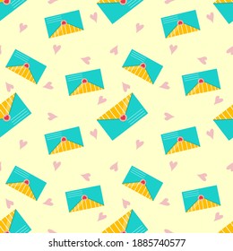 Seamless pattern with envelopes for Valentines Day. Envelopes with a wax stamp for love messages on February 14. Vector illustration..