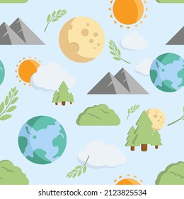 Seamless Pattern Environment of Earth Moon Mount Tree Cloud and Leaf in Vector for Background and Print